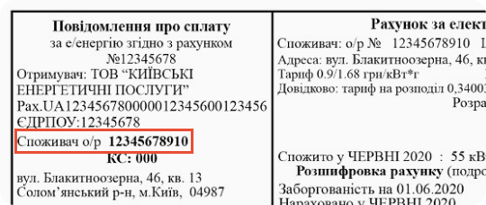 Receipt  Kiev Energy Services YASNO (Electricity)